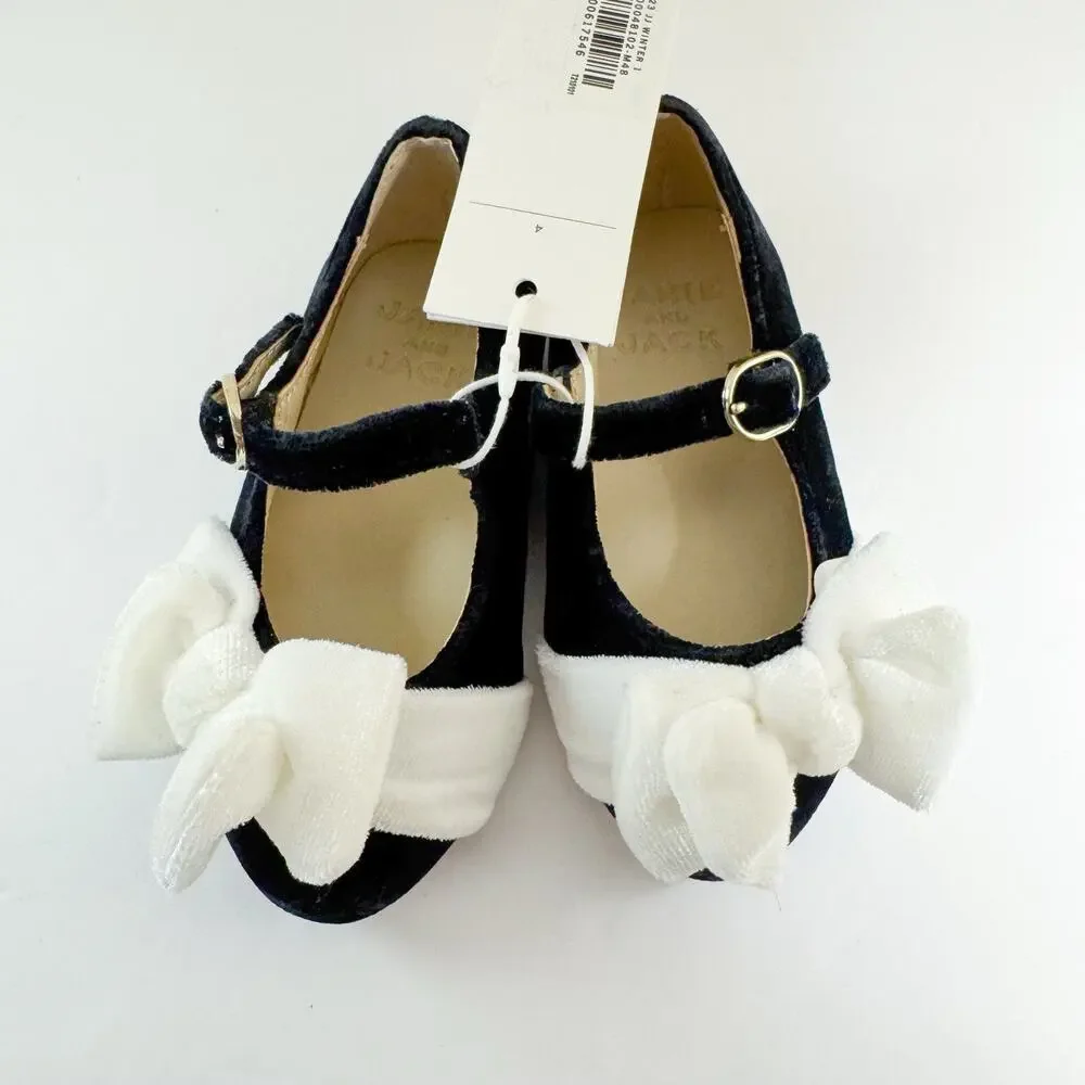Janie and Jack Velvet Bow Ballet Flats- Size 4 Toddler Girl. Black/White Holiday